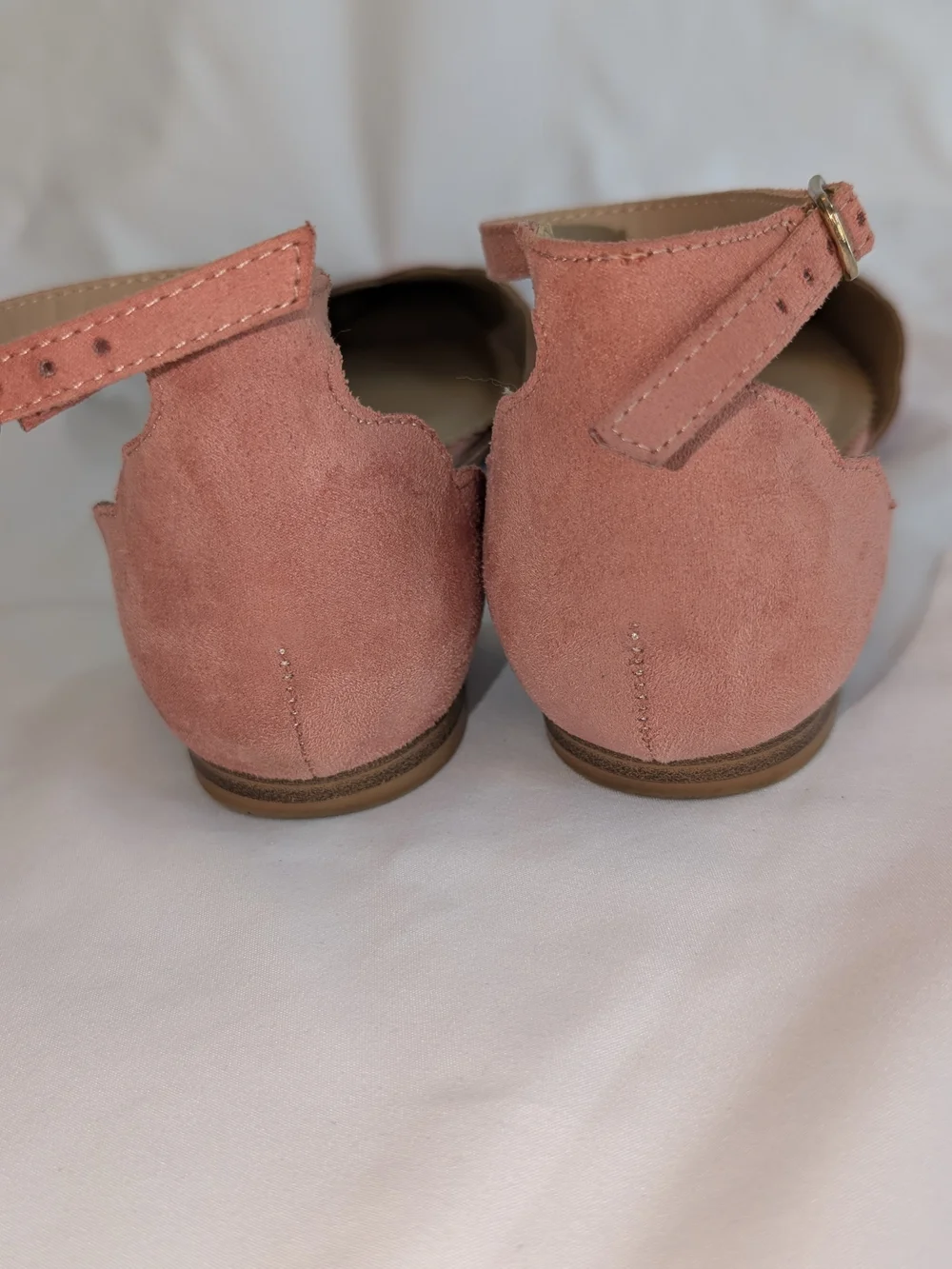 Isaac Mizrahi Dusty Pink Scalloped Suede Ankle-Strap Flats